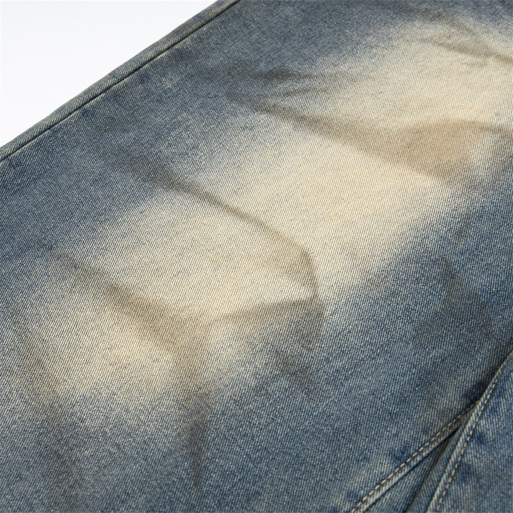 Wide Leg Straight Waste Soil Wind Contrast Color Inkjet Jeans Men - Lootquake