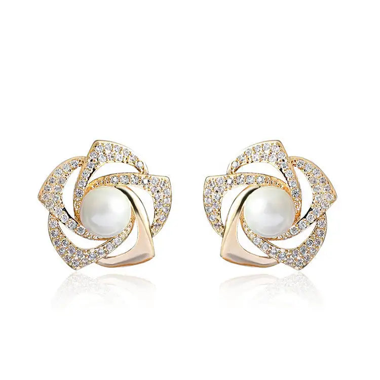 Women's Diamond Rose Pearl Earrings New Niche - Lootquake