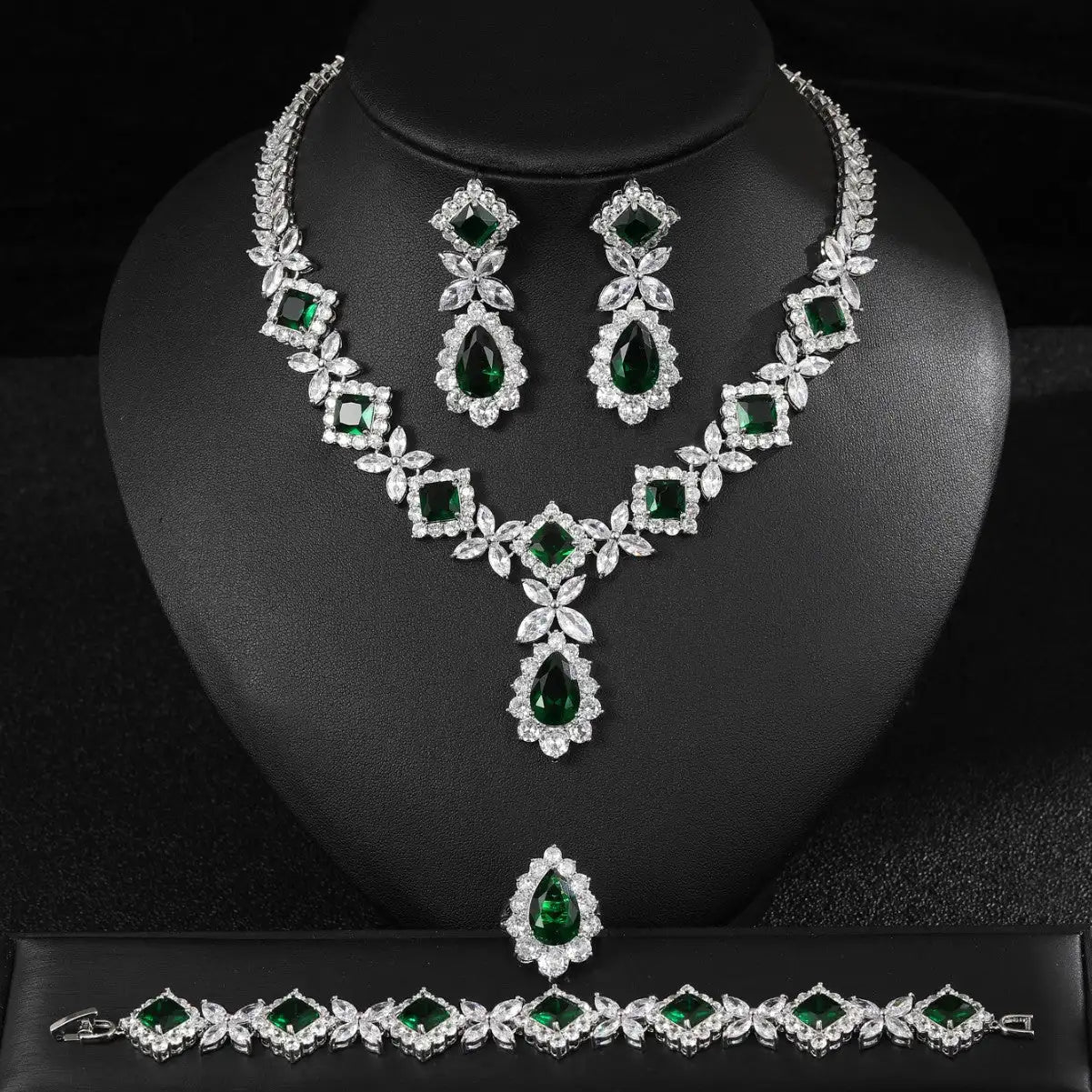 European And American Luxury Zircon Necklace Earring Bracelet Ring Suit - Lootquake