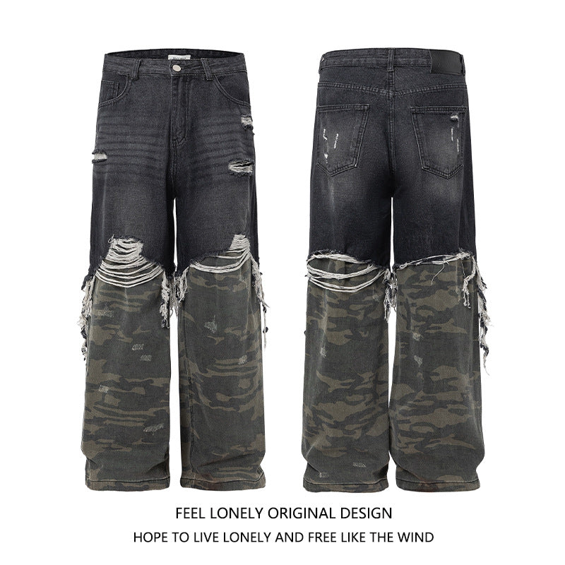 Men's American High Street Stitched Camouflage Wide Leg Jeans - Lootquake
