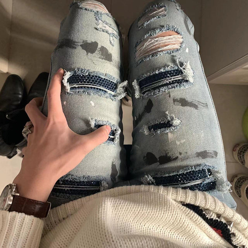 Handmade Splash-ink Blue Diamond Ripped Jeans - Lootquake