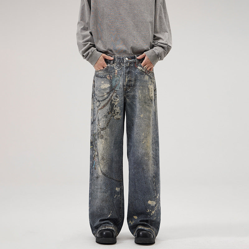 Printed Jeans Men's Loose Straight Personality All-match - Lootquake