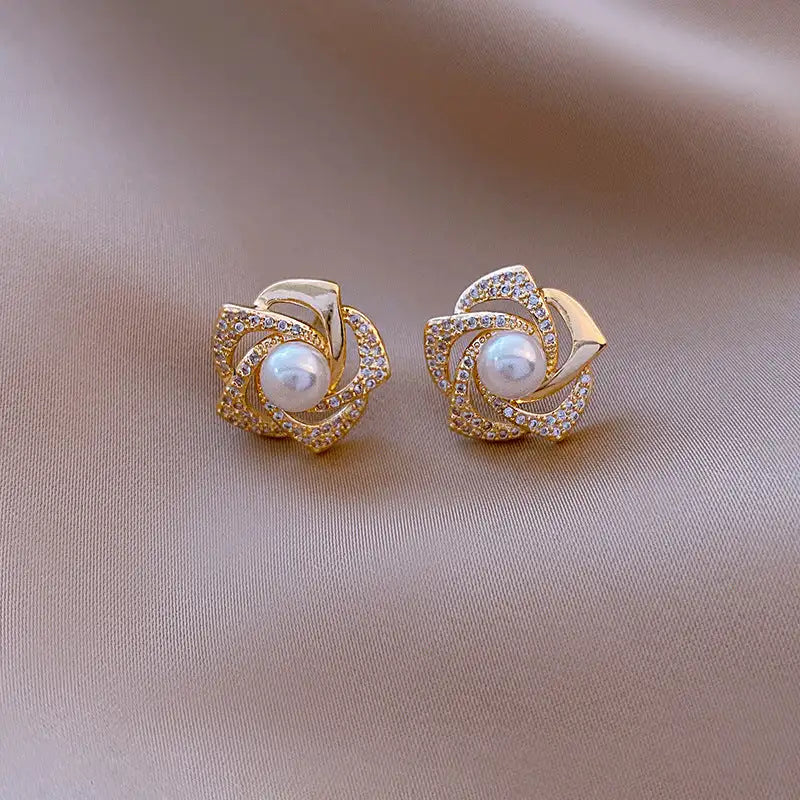 Women's Diamond Rose Pearl Earrings New Niche - Lootquake