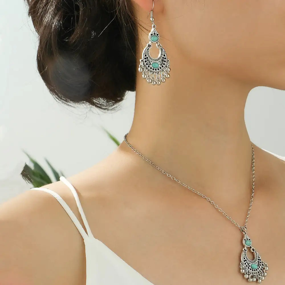 Fashion Turquoise Long Pendant Ear Rings Suit - Lootquake
