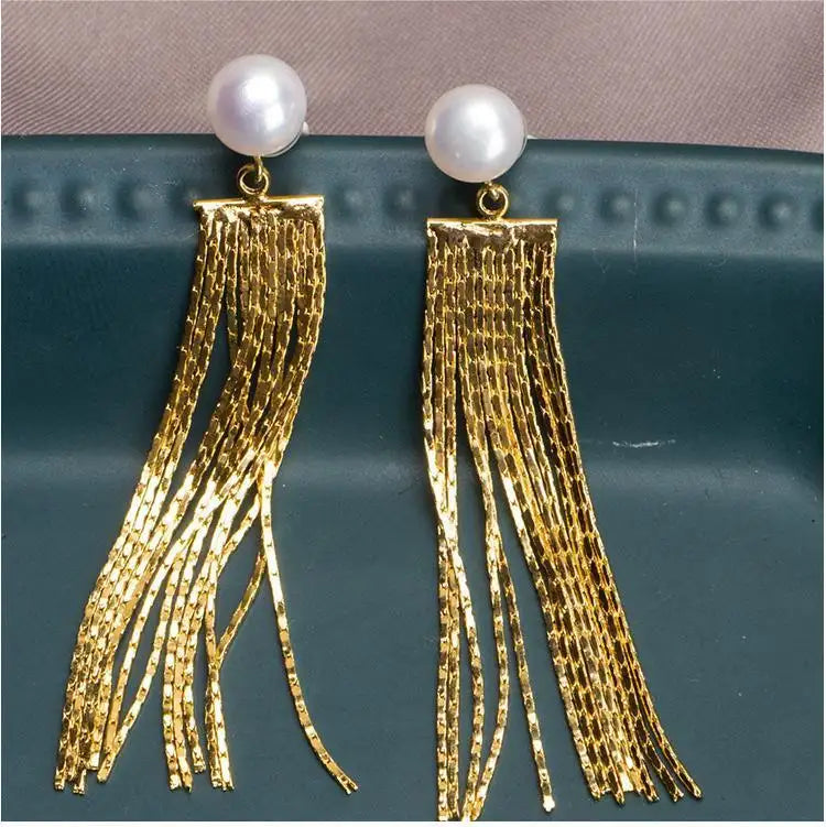Women's Simple 14k Freshwater Pearl Geometric Tassel Earrings - Lootquake