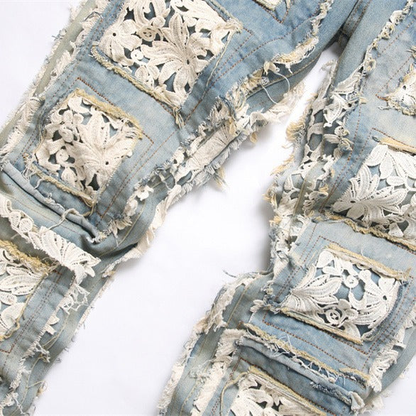 Slim-fit Straight Double-sided Embroidered Patch Youth Blue Men's Flared Jeans - Lootquake