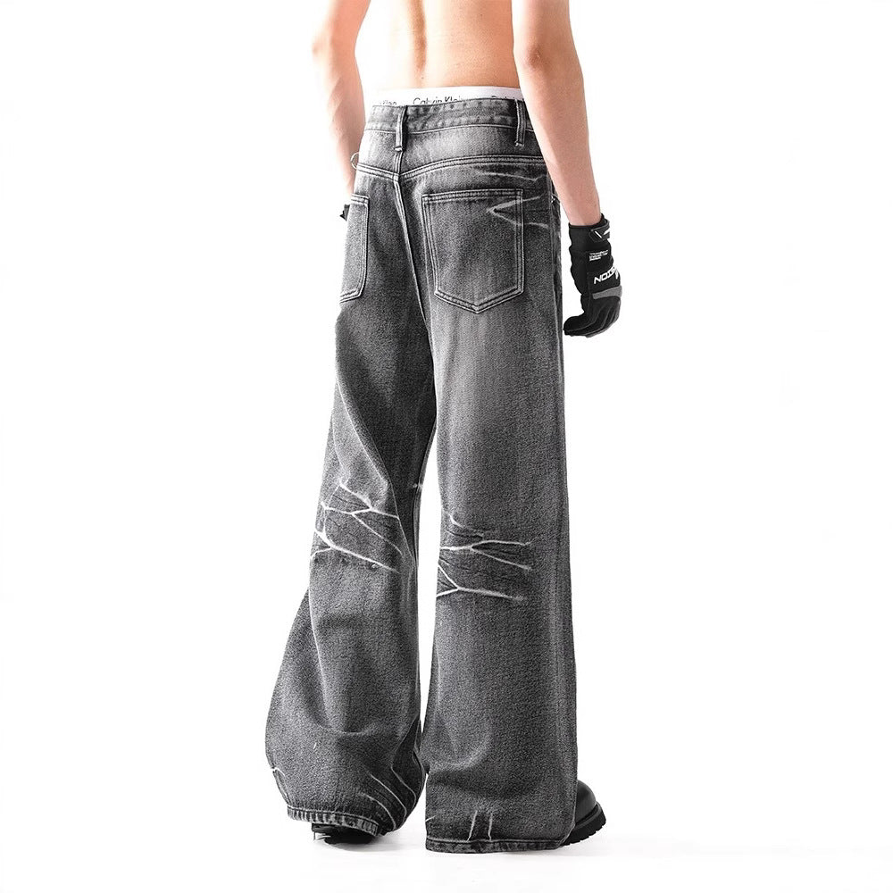 Loose Micro-flared Washed Distressed Lightning Jeans - Lootquake