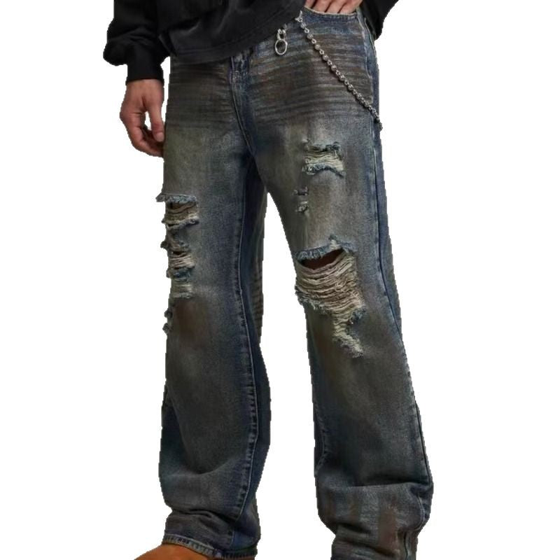 Loose Straight Slim-fit Waste Soil Blue With Holes Jeans - Lootquake