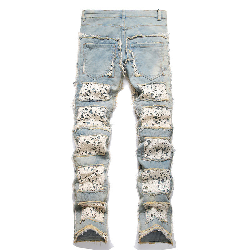 Slim-fit Straight Double-sided Embroidered Patch Youth Blue Men's Flared Jeans - Lootquake