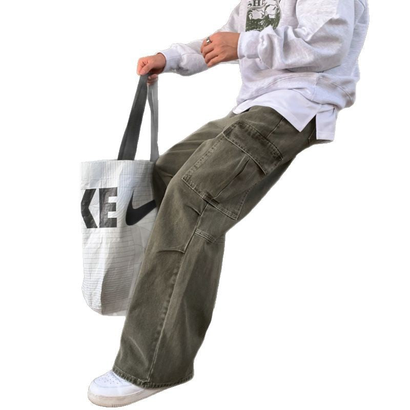 Cargo Jeans Washed-out Vintage Large Pocket Straight-leg Pants - Lootquake