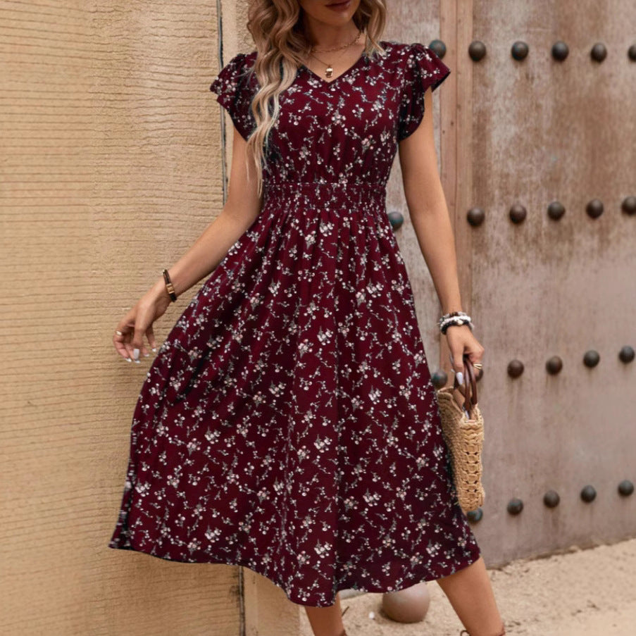 Vestido elegante de moda para mujer con escote en V, cinturón y mangas con volantes estampados