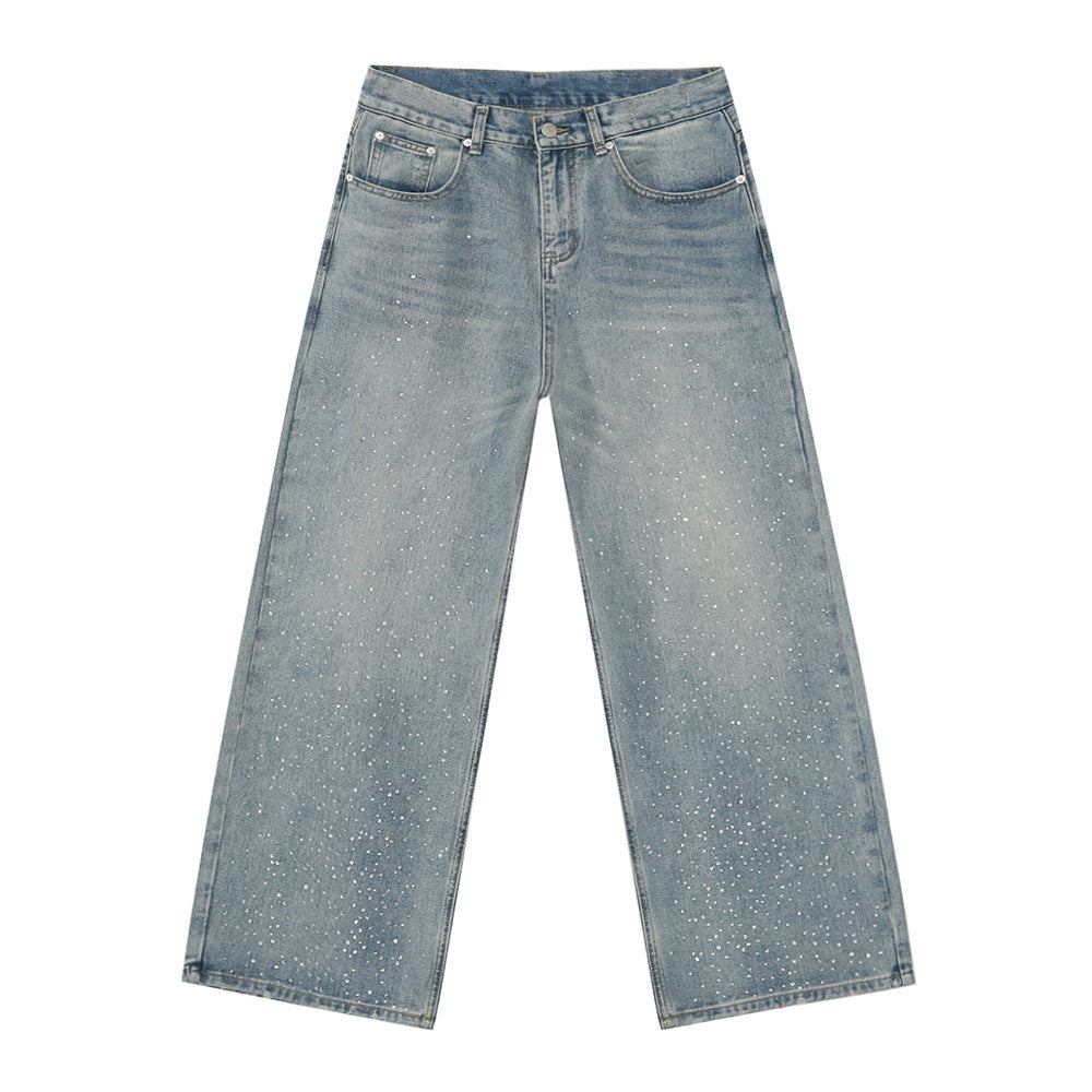 Hot Rhinestone Fashionable Loose Straight Loose Washed-out Jeans Fashion - Lootquake