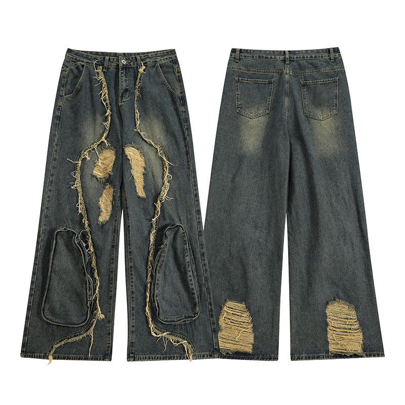 High Street Re-niche Deconstruction Tassel Hole Denim Men's Pants - Lootquake