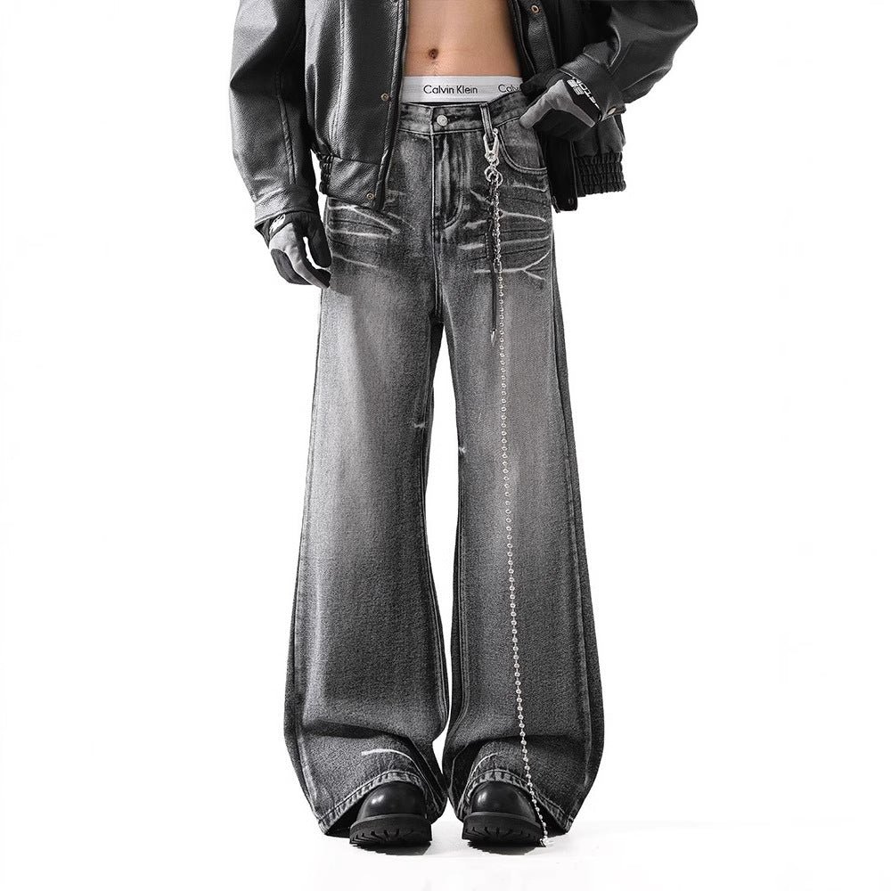 Loose Micro-flared Washed Distressed Lightning Jeans - Lootquake