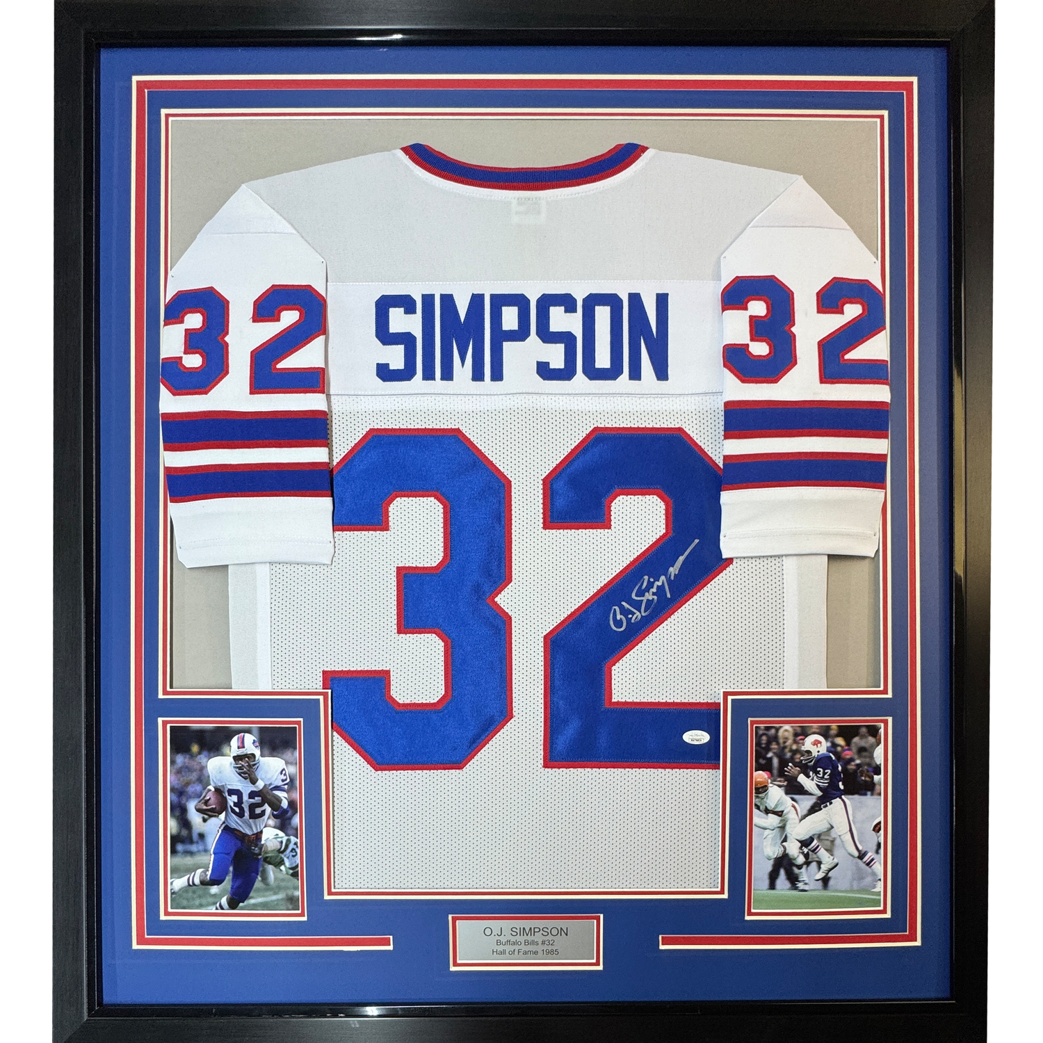 Camiseta de fútbol americano enmarcada, autografiada y firmada por OJ Simpson, 35 x 39, color blanco búfalo, JSA COA
