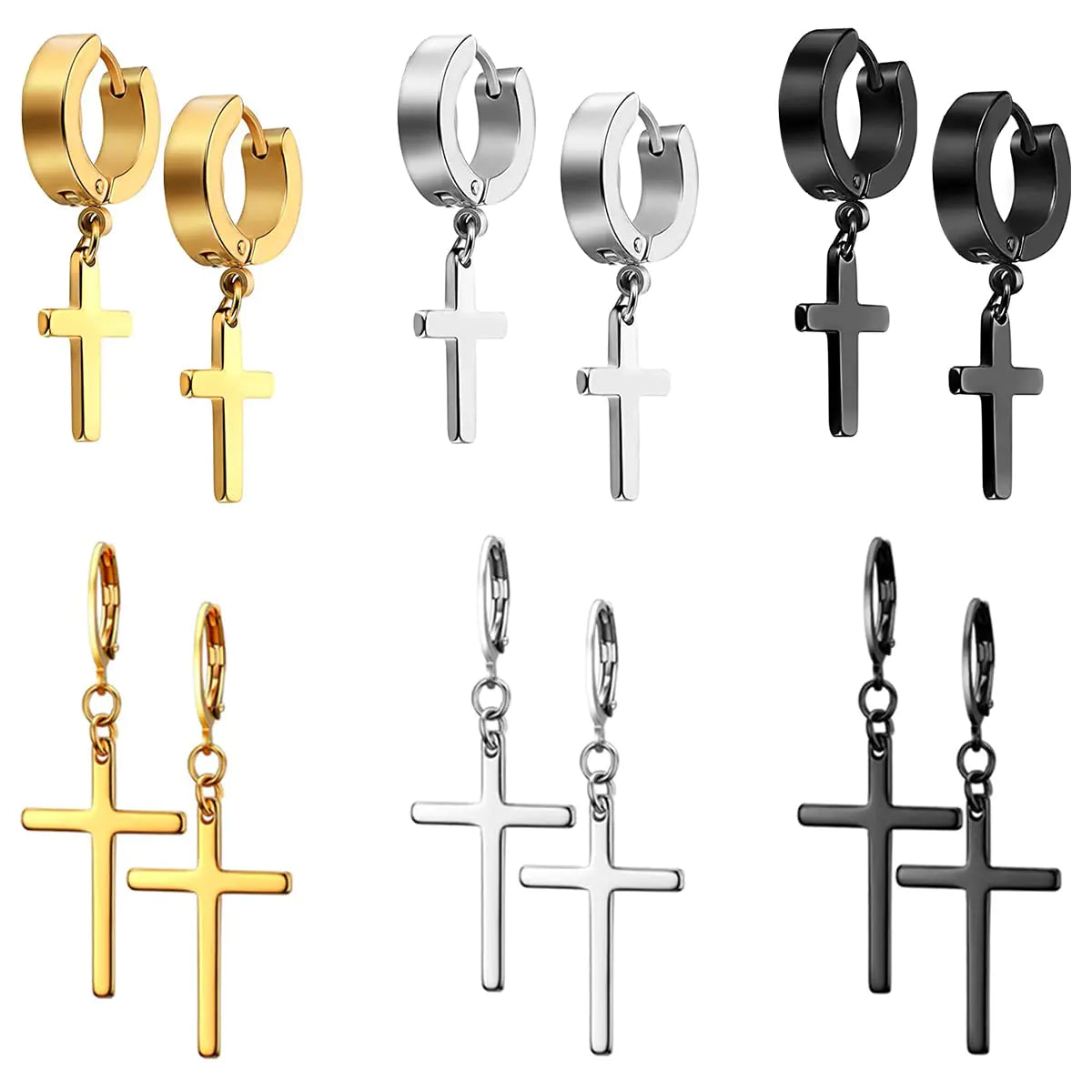 JELIEE 6 Pairs Cross Earrings Crucifix Drop Earrings Jewelry Dangle Hinged Earrings Stainless Steel Cross Hoop Earrings Stud Earrings Black Silver Gold Earrings for Men and Women - Lootquake