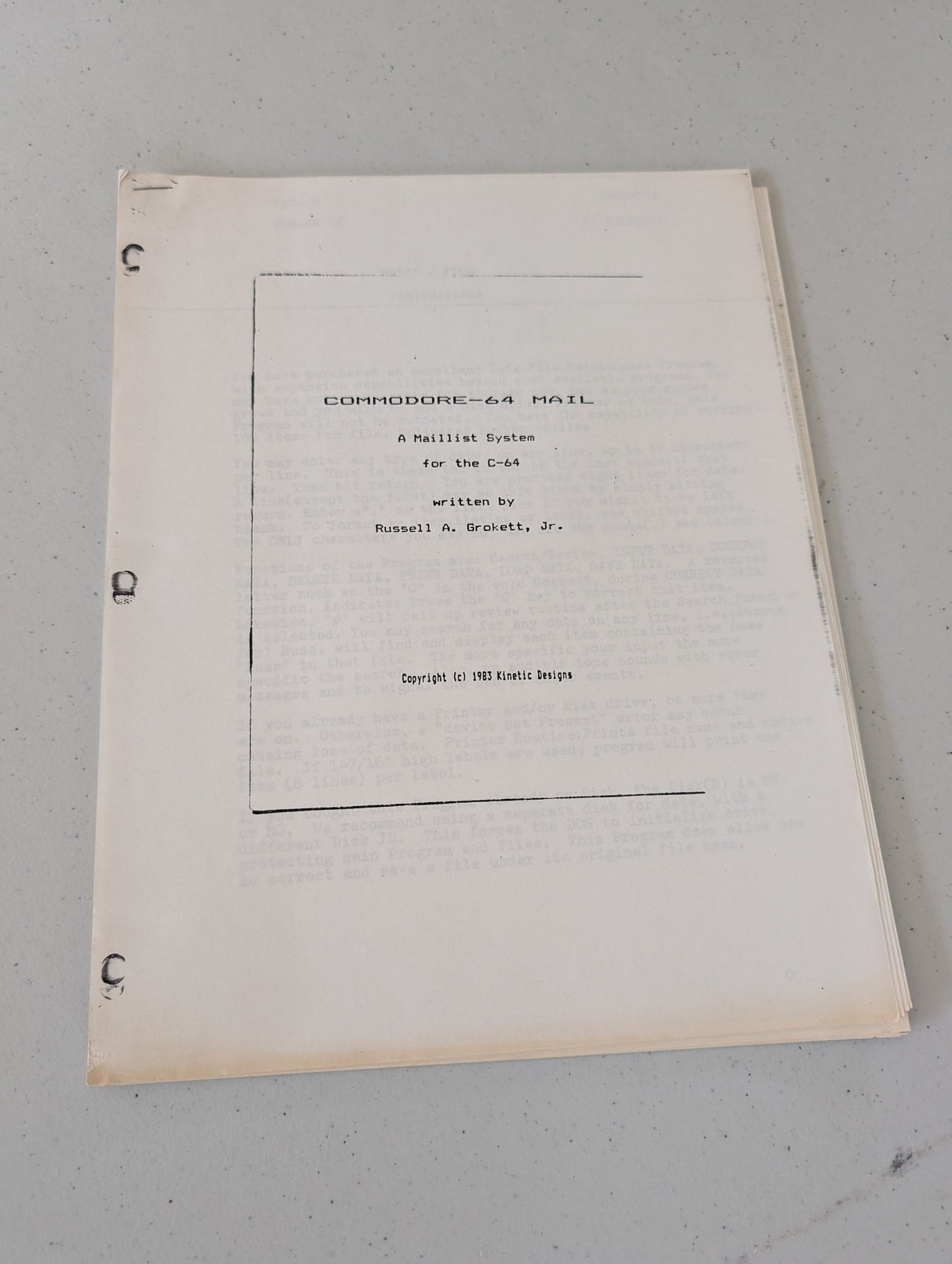 COMMODORE-64 MAIL A Maillist System for the C-64 written by Russell A. Grokett, Jr. manual only