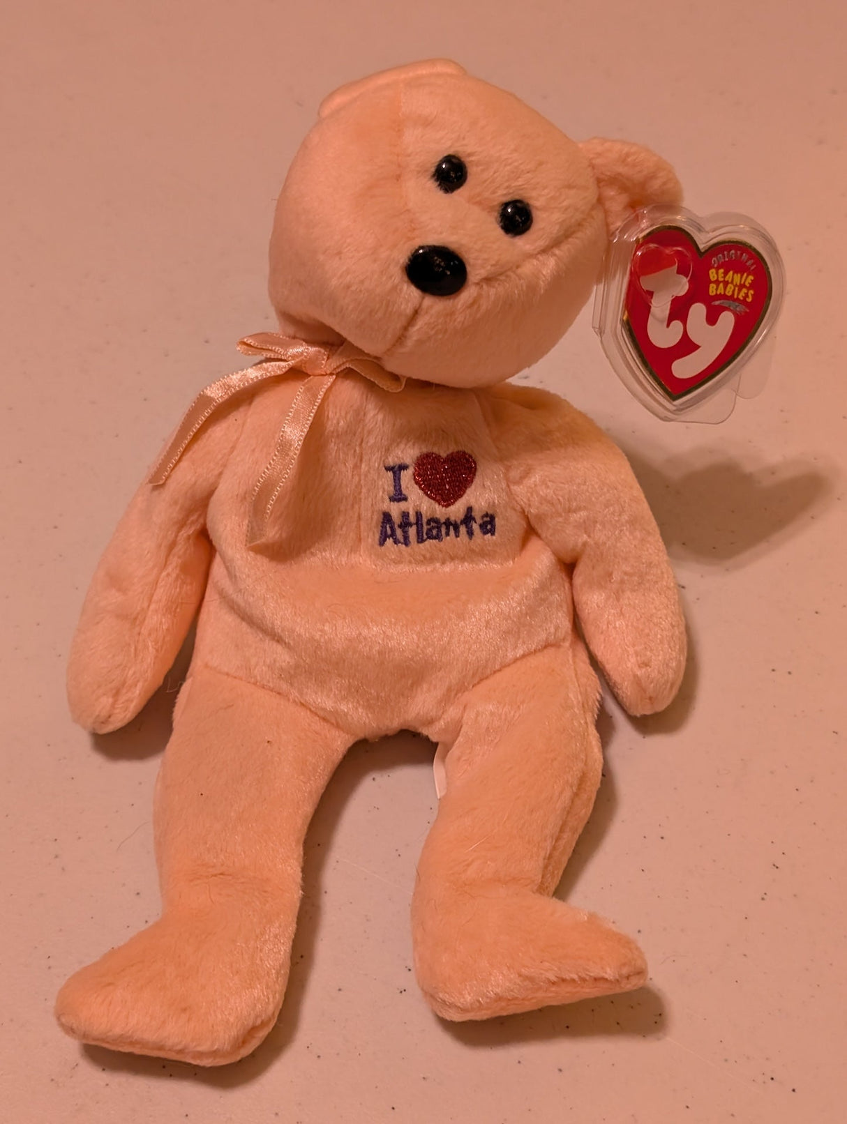 Atlanta the Bear - Ty Beanie Baby (Peach, 2003, Plush Toy, Stuffed Animal, MWMT, Vintage, Retired)