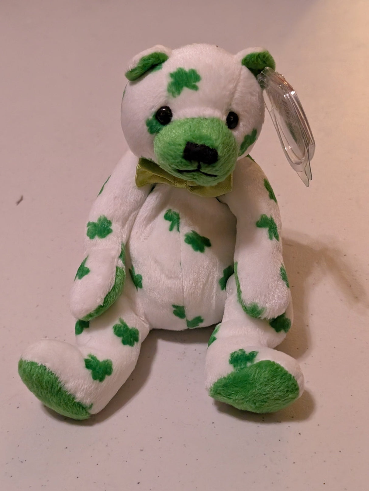 Clover the Bear - Ty Beanie Baby (White, Green, 2004, Plush Toy, MWMT, Stuffed Animal, Vintage, Retired, Plushie)
