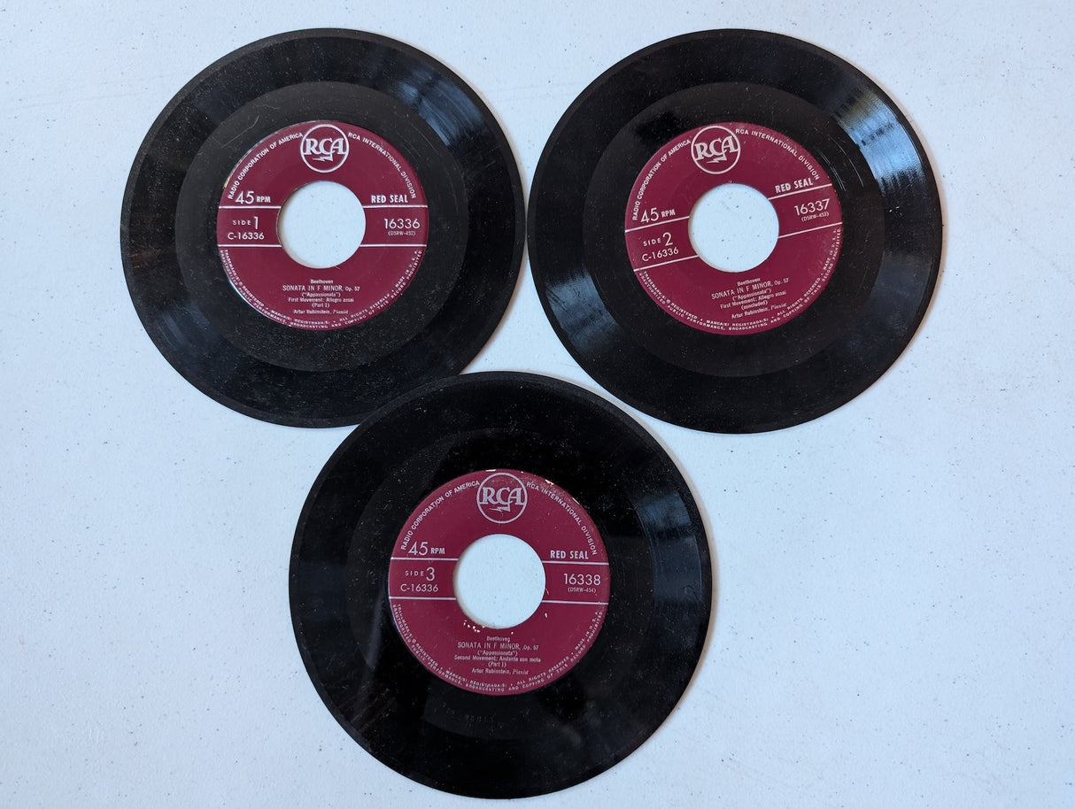 Beethoven's Sonata in F Minor, Op. 57 (Appassionata), performed by pianist Artur Rubinstein 3 record set 45 rpm vinyl