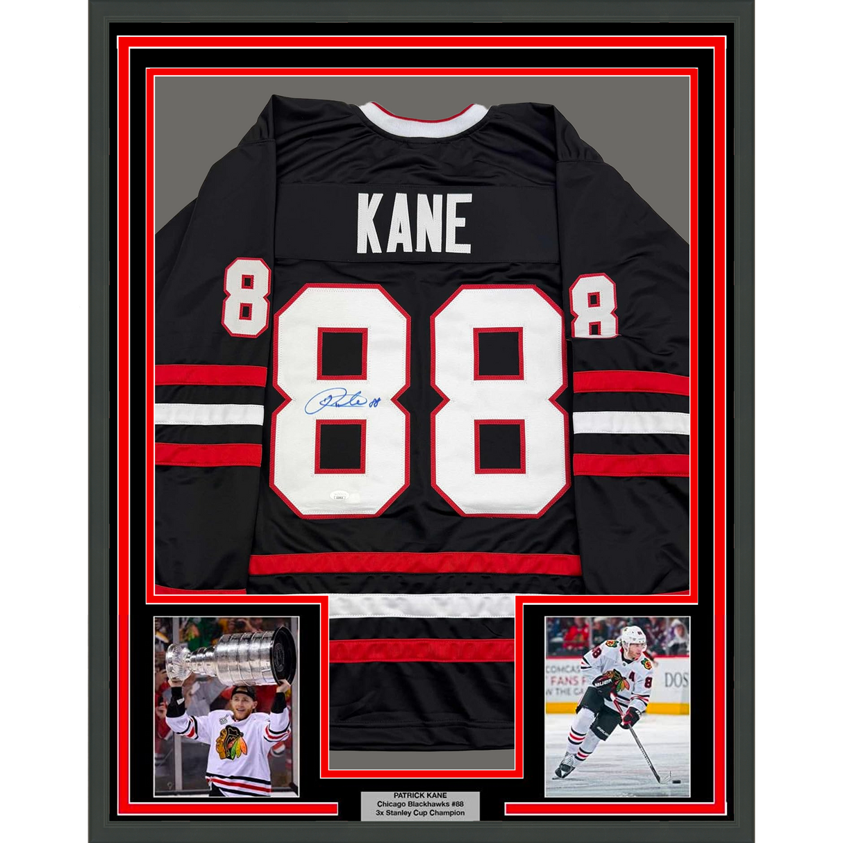 Framed Autographed/Signed Patrick Kane 35x39 Chicago Black Hockey Jersey JSA COA