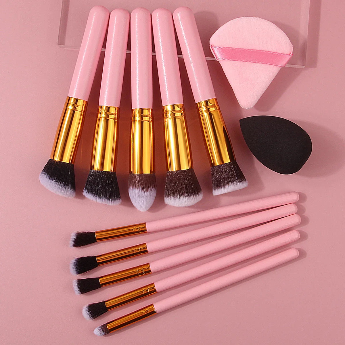 Juego de 10 brochas de maquillaje con mango de madera rosa