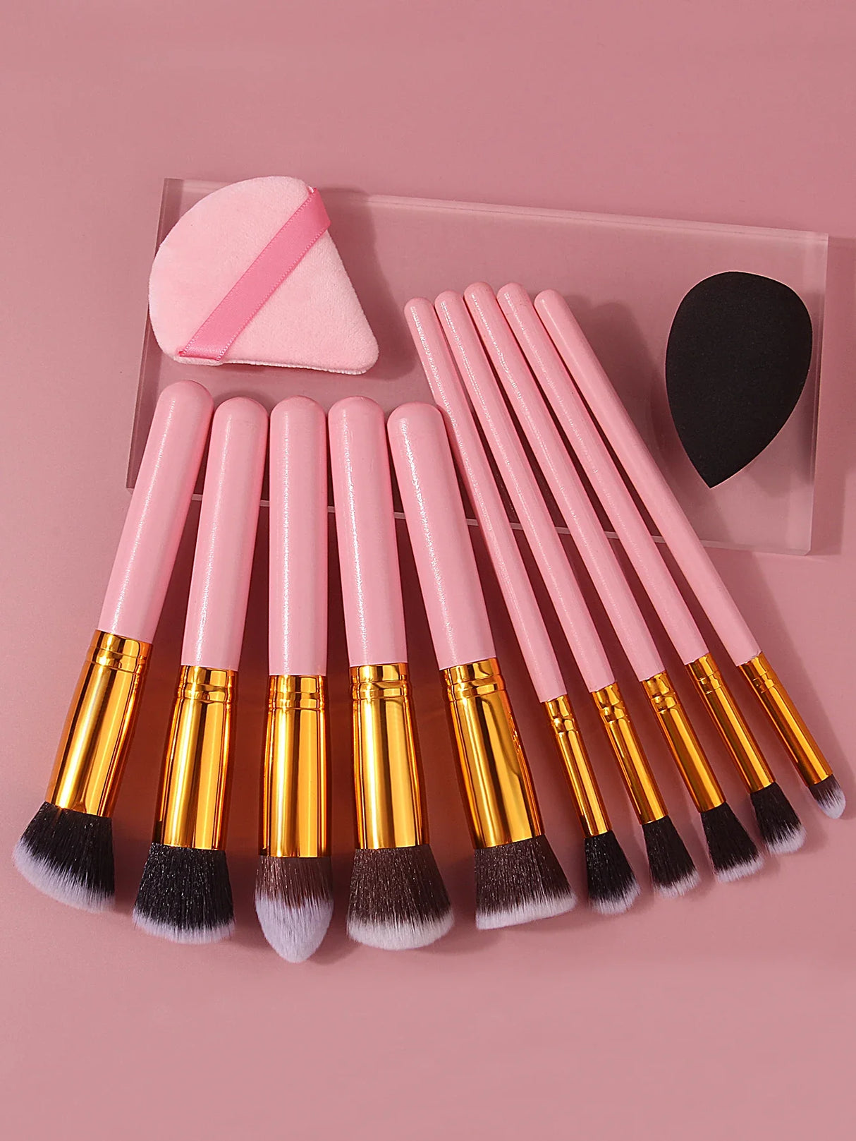 Juego de 10 brochas de maquillaje con mango de madera rosa