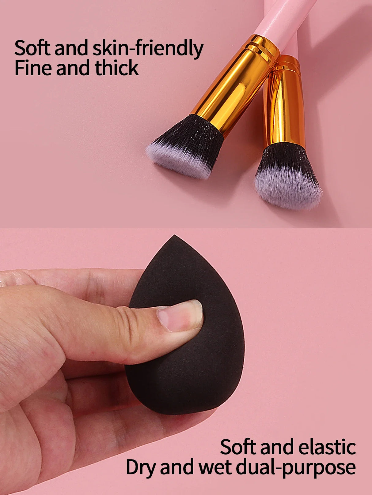 Juego de 10 brochas de maquillaje con mango de madera rosa