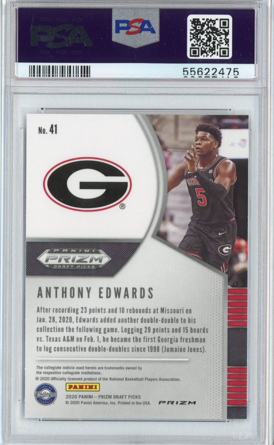 Selecciones del draft Panini Prizm DP 2020-21, Anthony Edwards #41, tarjeta de baloncesto RC de novato rojo, blanco y azul, PSA 10 Gem Mint
