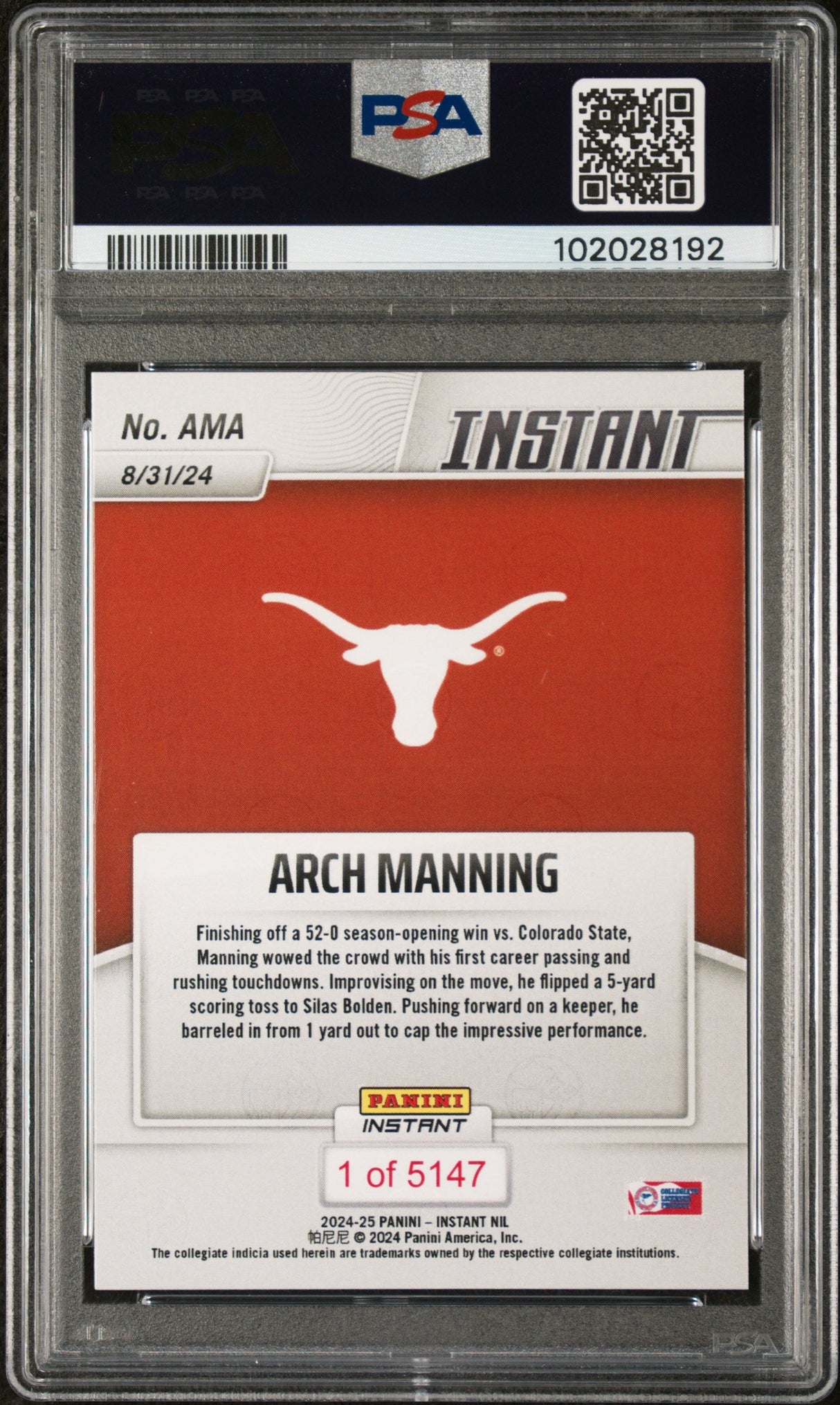 Graded 2024 Panini Instant NIL Arch Manning #AMA First Career Touchdown Pass Rookie RC Football Card PSA 10 Gem Mint