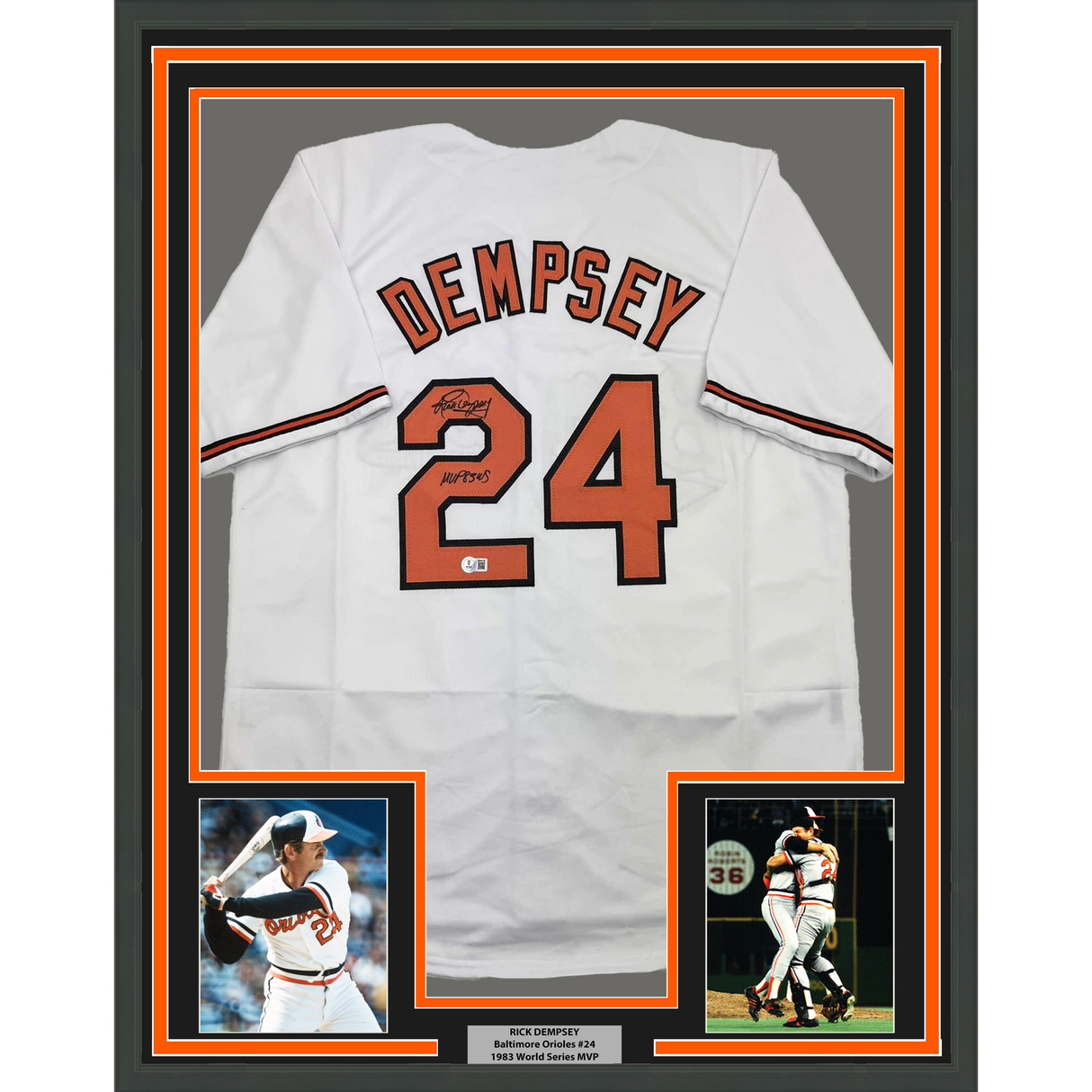 Framed Autographed/Signed Rick Dempsey "MVP 83 WS" 35x39 Baltimore White Baseball Jersey Beckett BAS COA
