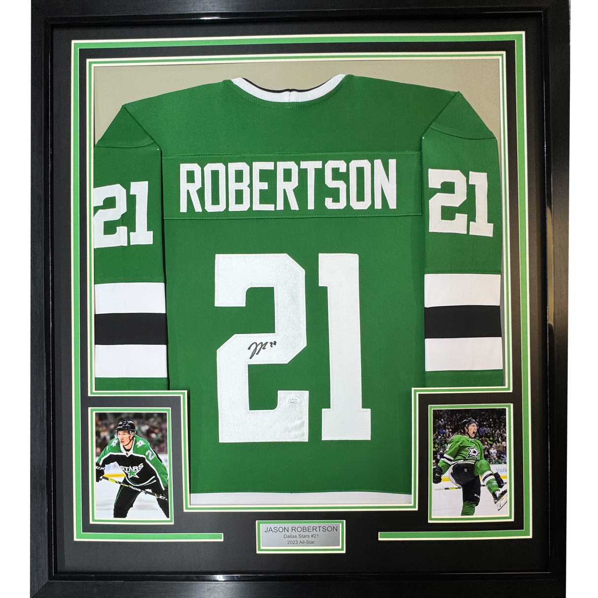 Framed Autographed/Signed Jason Robertson 35x39 Dallas Green Hockey Jersey JSA COA