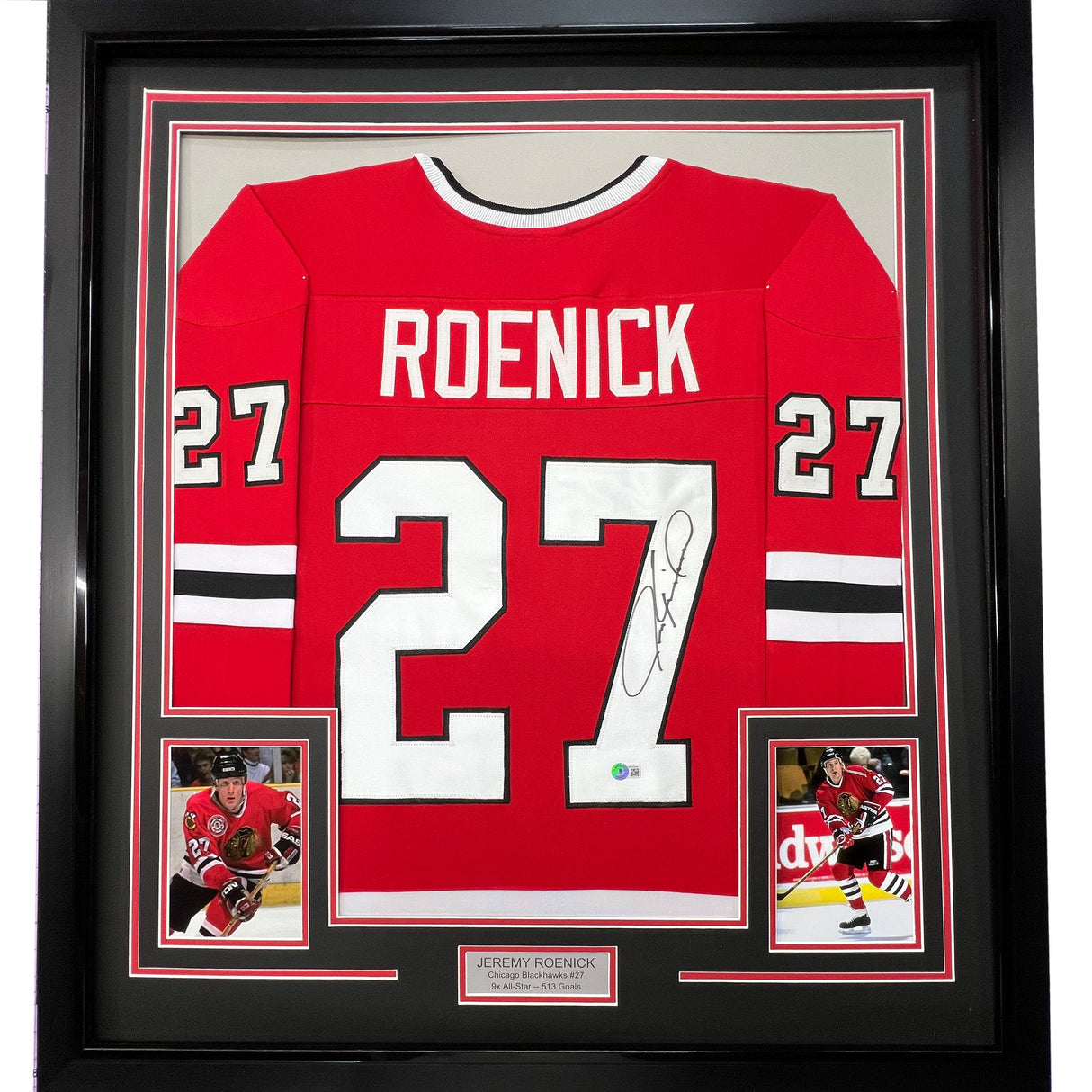 Camiseta de hockey roja de Chicago de 35 x 39, enmarcada, autografiada y firmada por Jeremy Roenick (JSA COA)