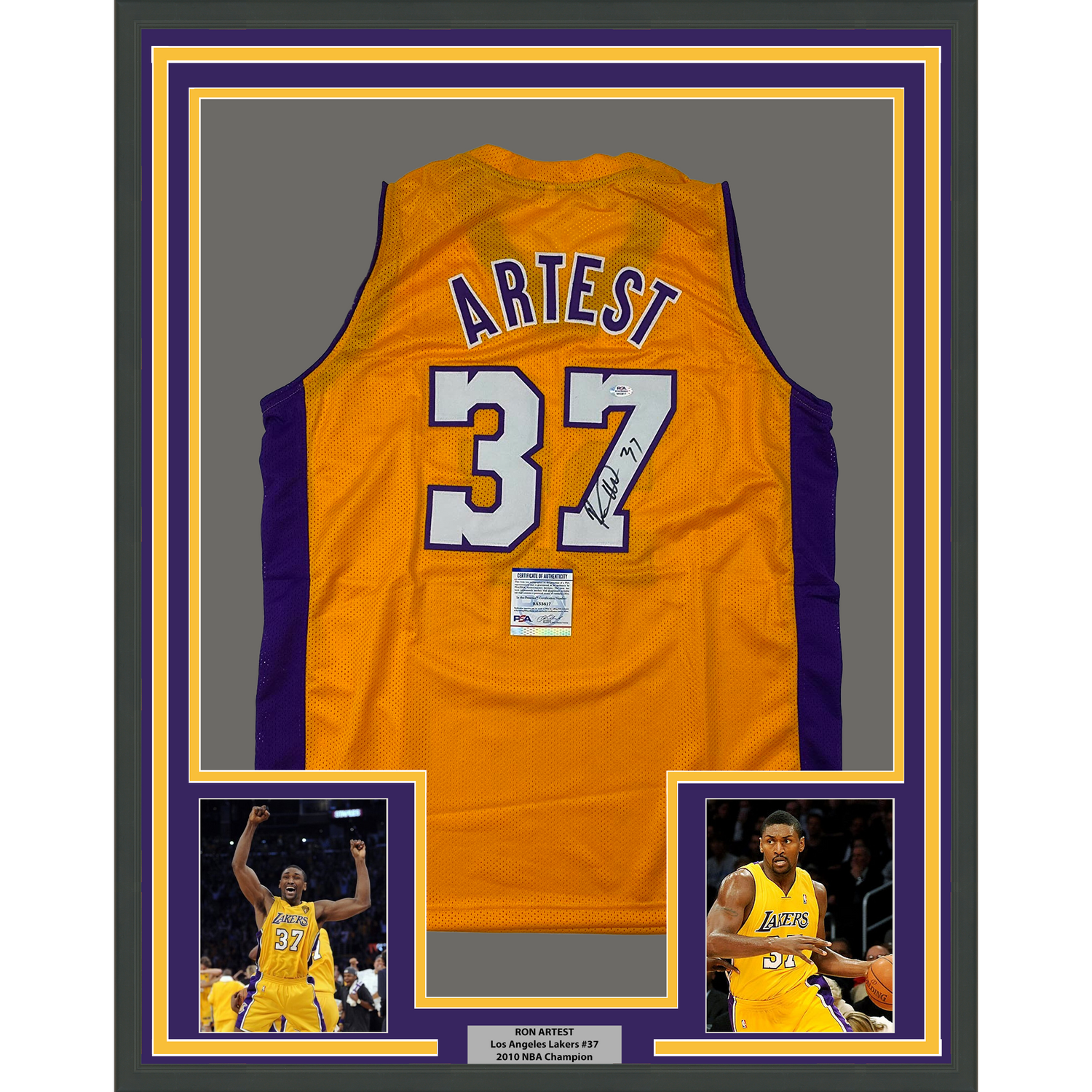 Camiseta de baloncesto amarilla de Los Ángeles LA, enmarcada, autografiada y firmada por Ron Artest, 35 x 39, PSA/CÓDIGO DE ADN