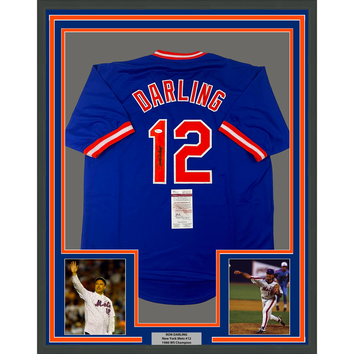 Camiseta de béisbol azul de Nueva York, enmarcada, autografiada y firmada por Ron Darling, 35 x 39, JSA COA
