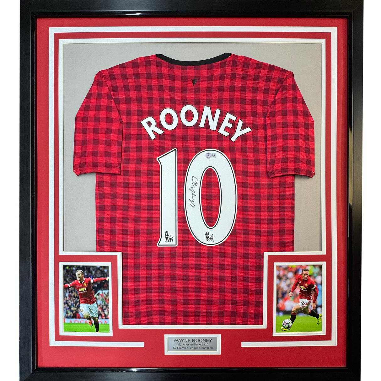 Camiseta de fútbol a cuadros roja del Manchester United, enmarcada, autografiada y firmada por Wayne Rooney, 35 x 39, Beckett BAS COA