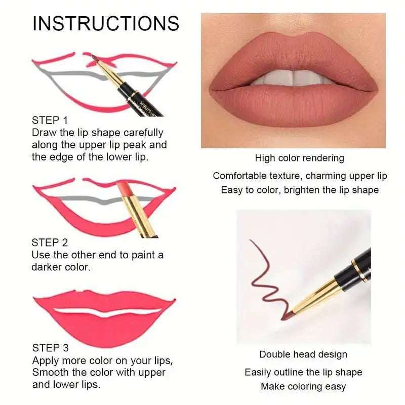 12 Colors Double-Ended Lipstick & Lip Liner Pencil,Waterproof, Non-Stick, Long Lasting,Make Natural Makeup Effect for All Skin