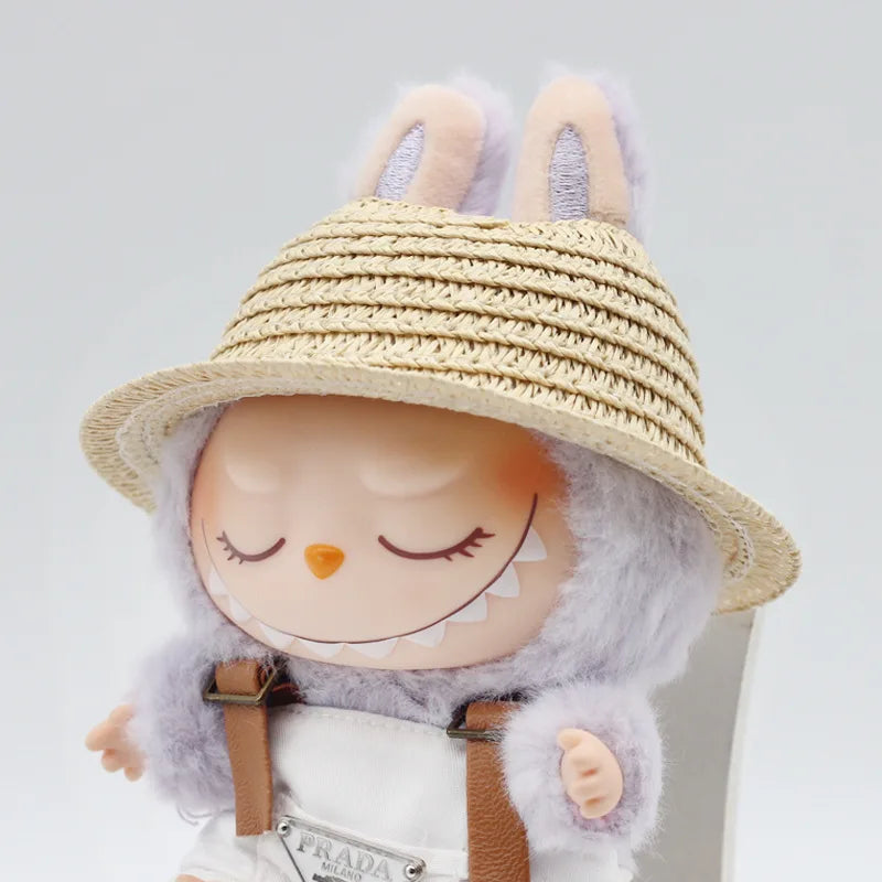 Chapeau Labubu ouvert en paille tissée, accessoire de fête, style campagnard, tenue Labubu pour soirée assise