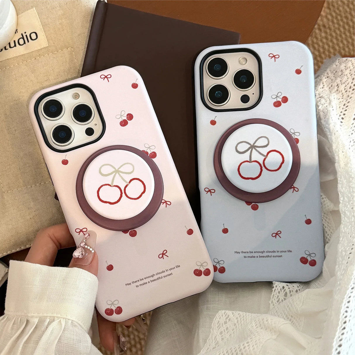 Korea Cute Cartoon Cherry Magnetic Stand Holder Phone Case For iPhone