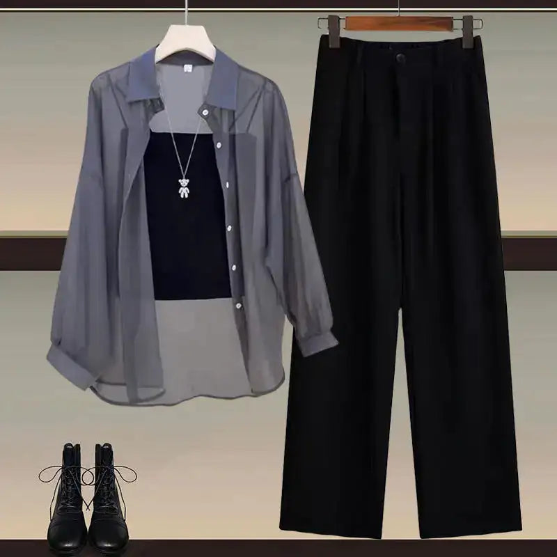 Summer Set Women's 2024 New Style Wear Sunscreen Chiffon Shirt with Slimming Slimming Suit Pants Three Piece Set - Lootquake