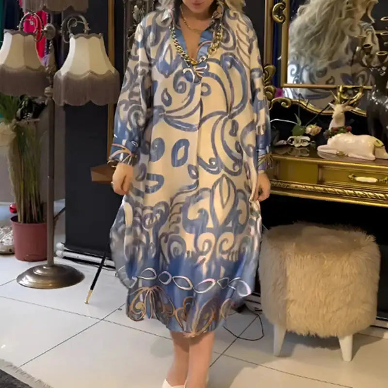 Vintage Fashion Printed V-neck Long Dress Women Spring Long-sleeved Loose Bohemian Dress Autumn Casual A-Line Maxi Dress Vestido - Lootquake