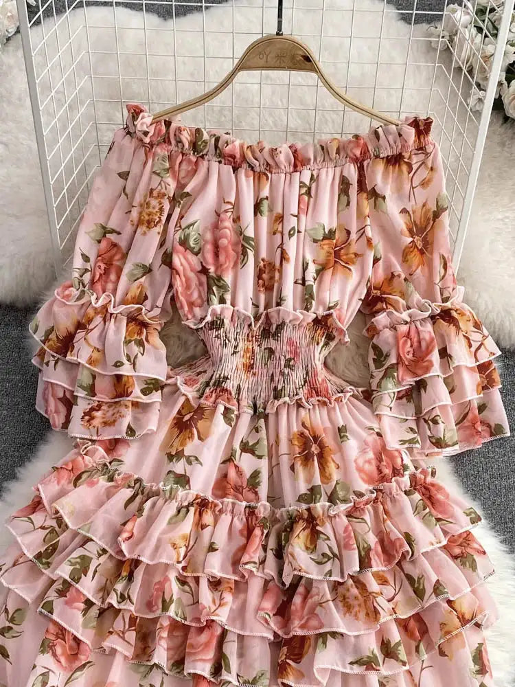 Summer New Off Shoulder Wrap Waist to Show Thin A-line Fragmented Cake Dress Women's Beach Vacation Chiffon Long Dress GD820 - Lootquake