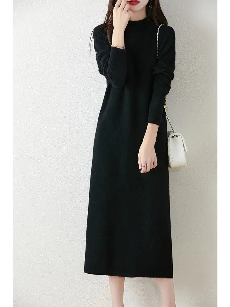 Autumn Winter Women's Wool Long Dress Cashmere Mock Neck Pullover Sweater 100% Merino Wool Soft Knitwear OL Simple Basic Dress - Lootquake