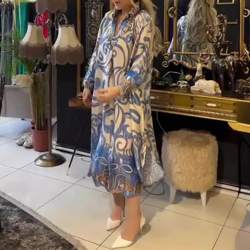 Vintage Fashion Printed V-neck Long Dress Women Spring Long-sleeved Loose Bohemian Dress Autumn Casual A-Line Maxi Dress Vestido - Lootquake