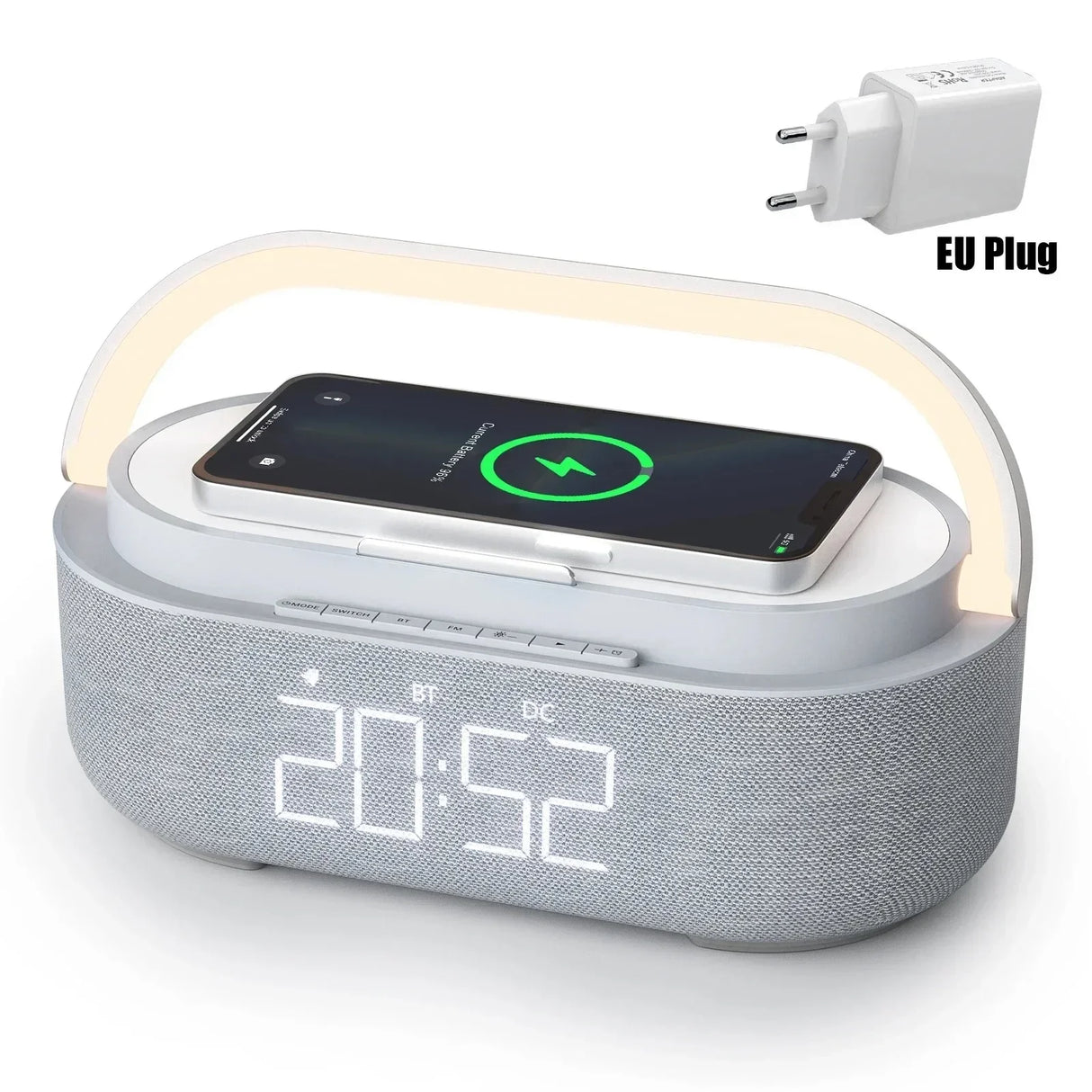 Altavoz Bluetooth, batería de 2500 mAh, compatible con carga inalámbrica de 15 W, reloj digital, pantalla, luz nocturna, despertador, estéreo Bluetooth.