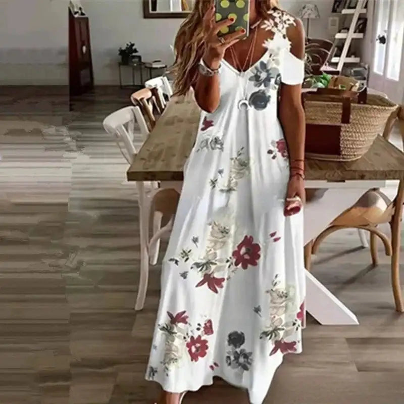 Women's Printed White Lace Sleeveless Suspender Dress Summer Fashion Casual Long Dress - Lootquake