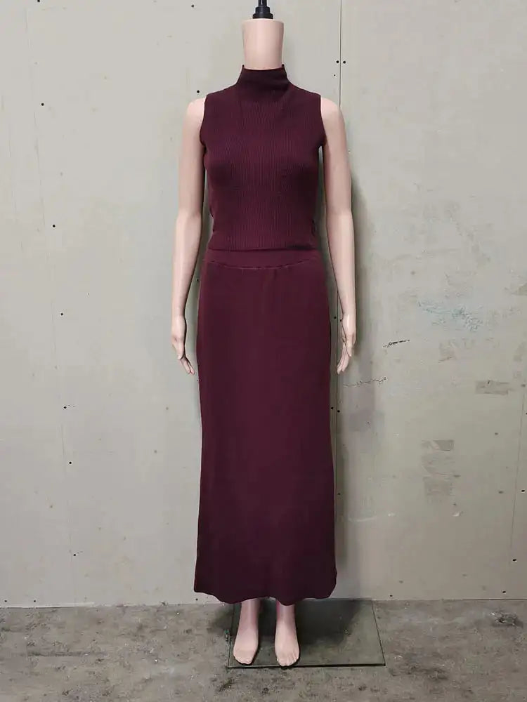 Conjunto elegante de dos piezas de punto Tossy: vestido largo, suéter acanalado y falda larga de patchwork suelta para mujer.