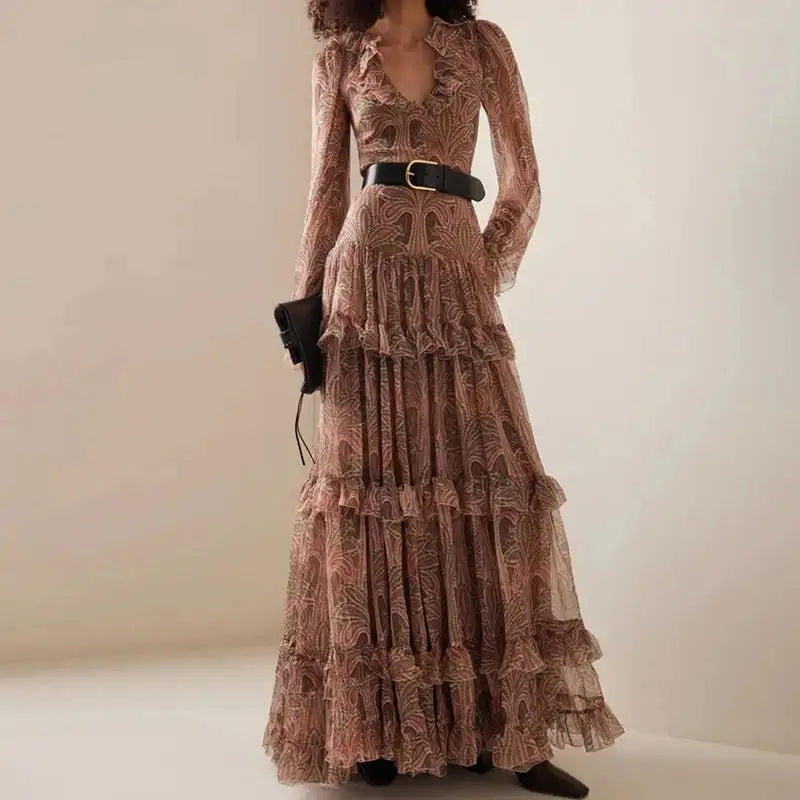 2024 Autumn Casual Bohemia Dresses Elegant V-neck Ruffled High Waist Evening Dress Women Fashion Printed Mesh Pleated Long Dress - Lootquake