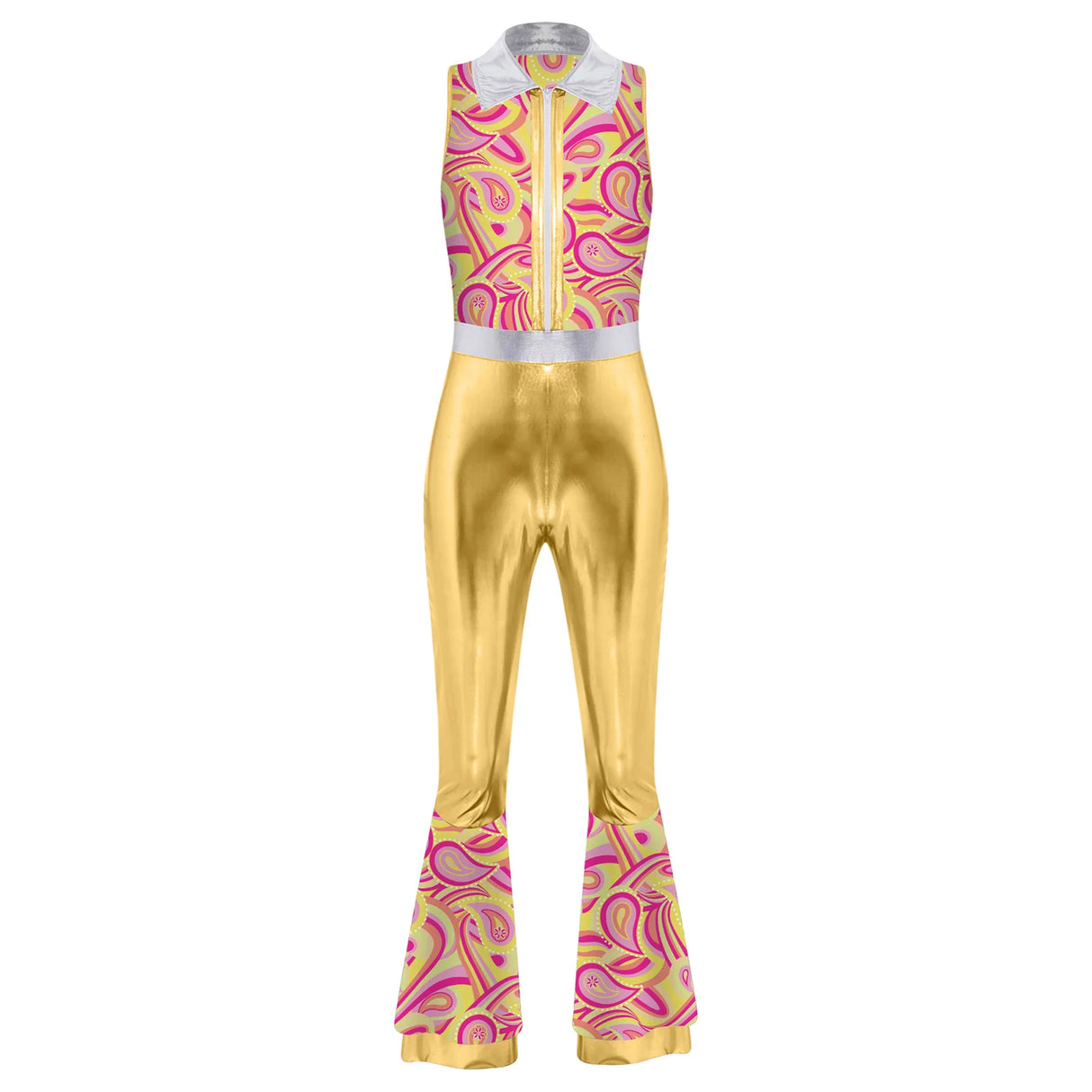 Womens Halloween Retro Hippie Cosplay Costume Party Hip-hop Dance Costume Metallic Shiny Vintage Carnival Bodysuit Jumpsuit
