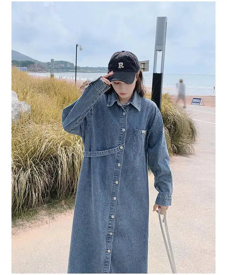 Denim Long Dress 2024 New Fashion Spring Autumn Korean Sweet Cargo LOOSE FIT Full Sleeve Girls Dress All-match - Lootquake